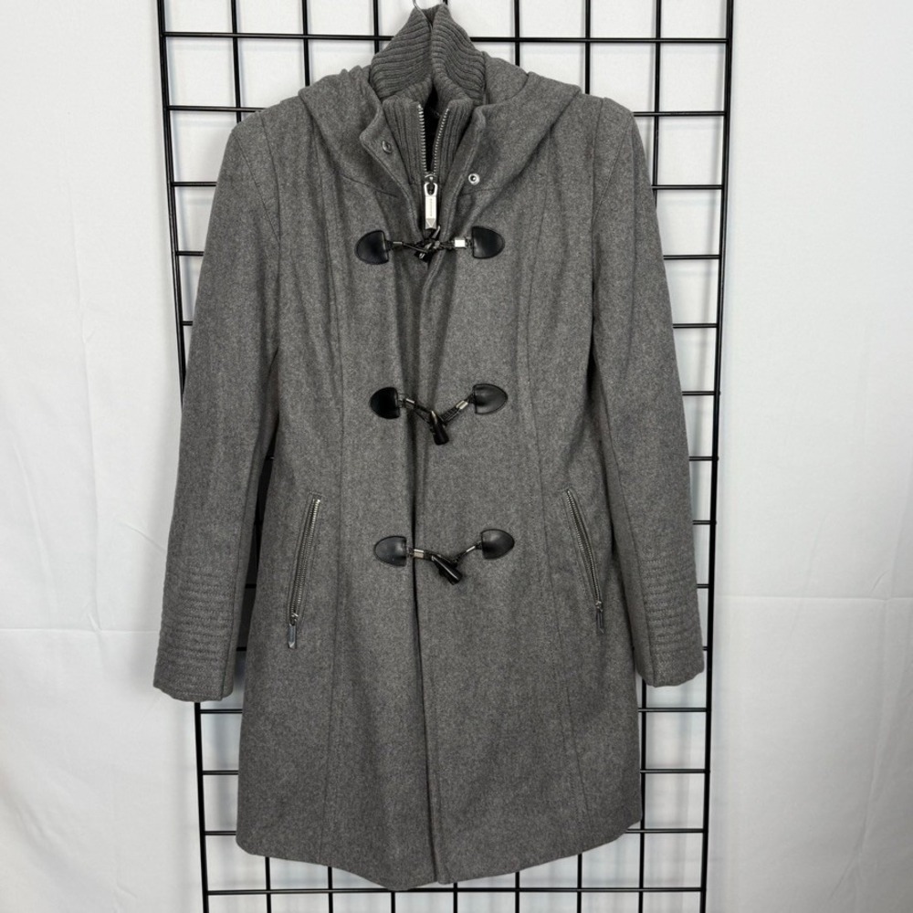 BCBGMaxAzria Samantha Wood Toggle Coat Womens Small Gray Hooded Classic Chic